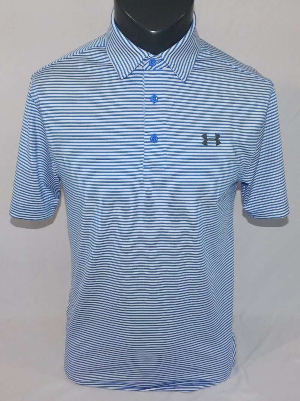 Under Armour Blue White Striped Loose Heatgear Golf Polo Shirt Mens S UA